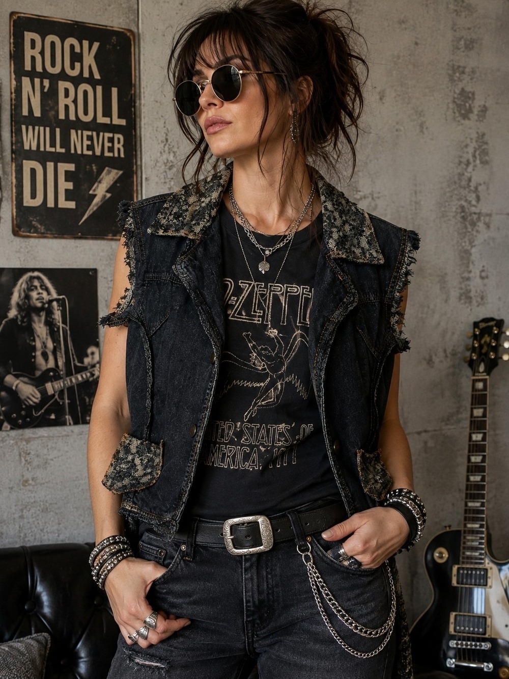 Flashback Couture Women’s XL Distressed Denim Vest Grunge Boho Western Lace Trim